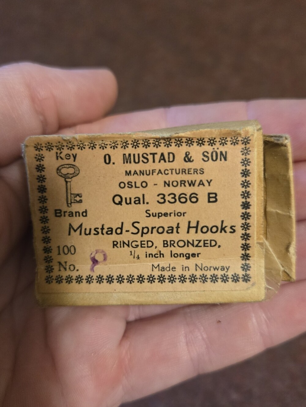 Vintage Box of Mustad-Sproat Hooks (Qual. 3366 B) Open Box About Half Used